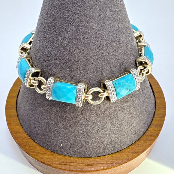 Sterling Silver 925 Turquoise & Illusion Stone Station Bracelet Sz 7.25" Length - Picture 1 of 11